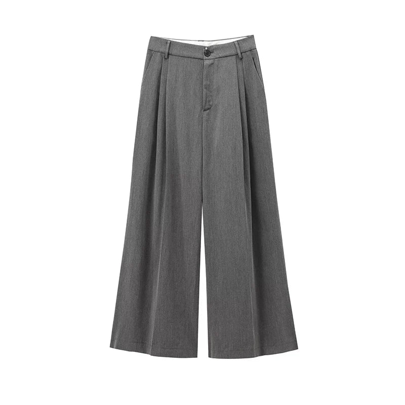 Willshela Women Fashion Grey Front Zipper Pleated Wide Leg Pant...