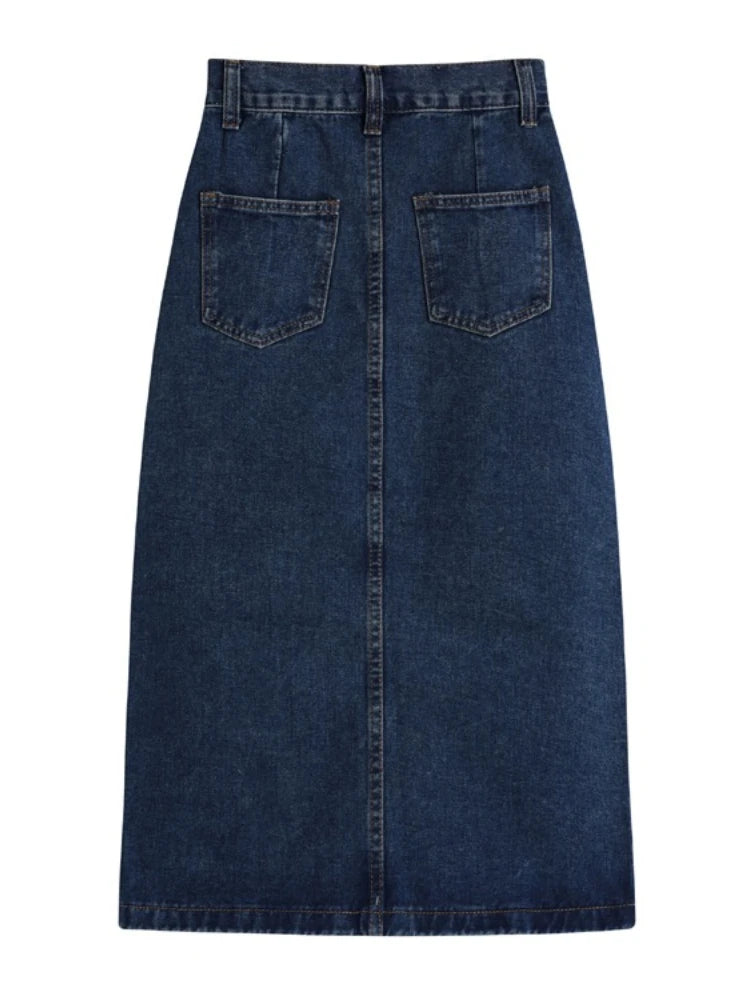 Korean Style Slim Bodycon Blue Skirts For Women 2026 Spring Summer New High Waist Split Denim Midi Skirt