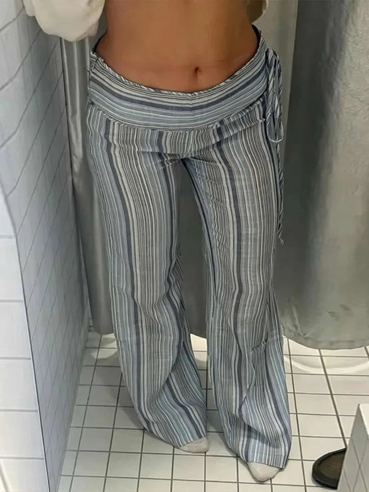 Multicolor Pastel Striped Side Tie  Low Waist Pants Flared Full Length Y2K Colorful Trousers 2026 Spring Casual Fashion Outfit