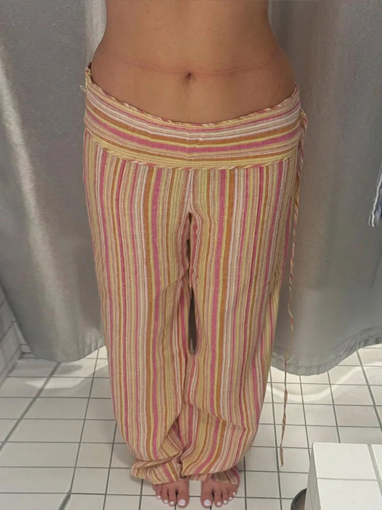 Multicolor Pastel Striped Side Tie Low Waist Pants Flared Full...